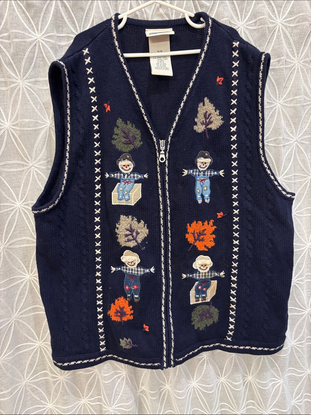 Northern Reflections Navy Sweater Vest with Autumn Scarecrow Motif
